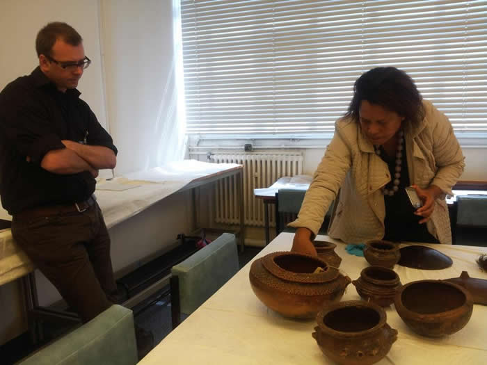 Andy Mills and Sagale Buadromo look at pottery during their day at the British Museum stores, June 2013